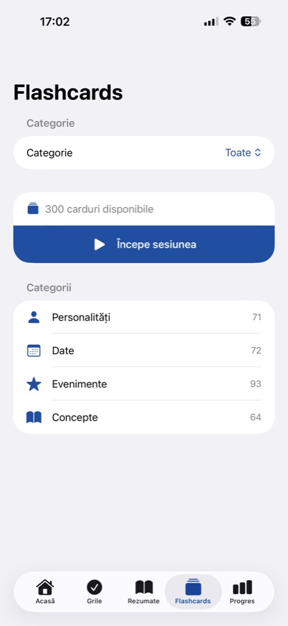BacIstorie flashcard categories screen
