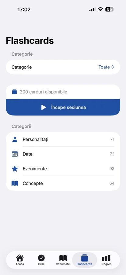 BacIstorie flashcard categories screen