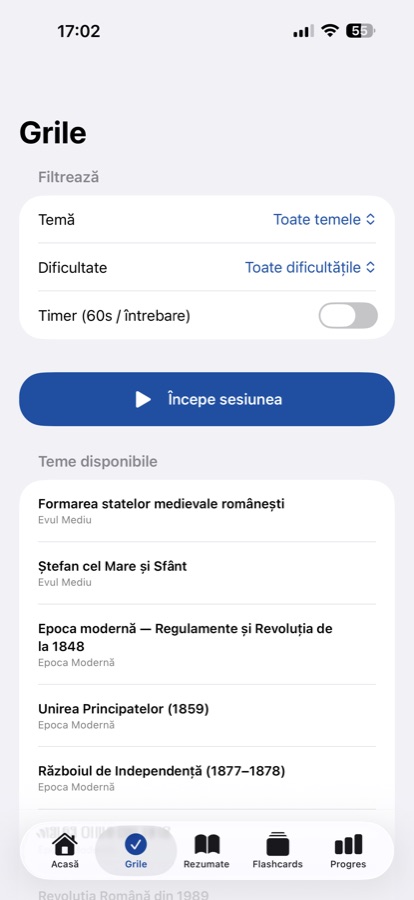 BacIstorie practice question filters and topic list