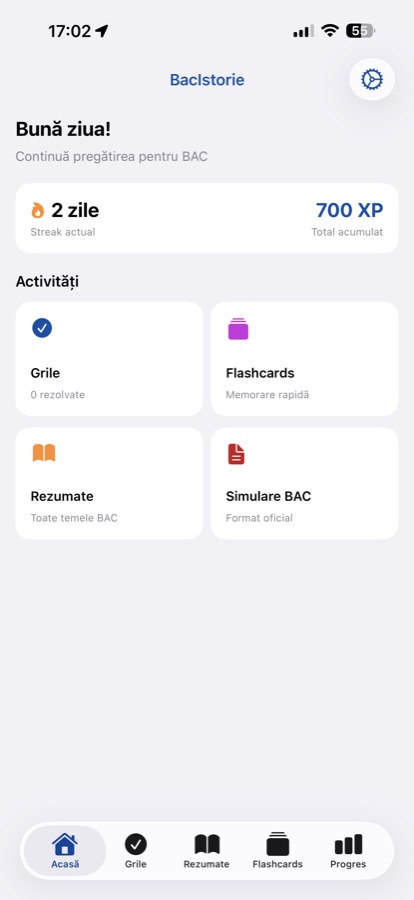BacIstorie home screen showing daily streak and XP