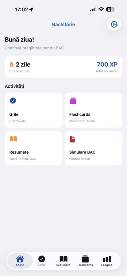 BacIstorie home screen showing daily streak and XP