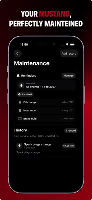 My Mustang maintenance overview combining reminders and history