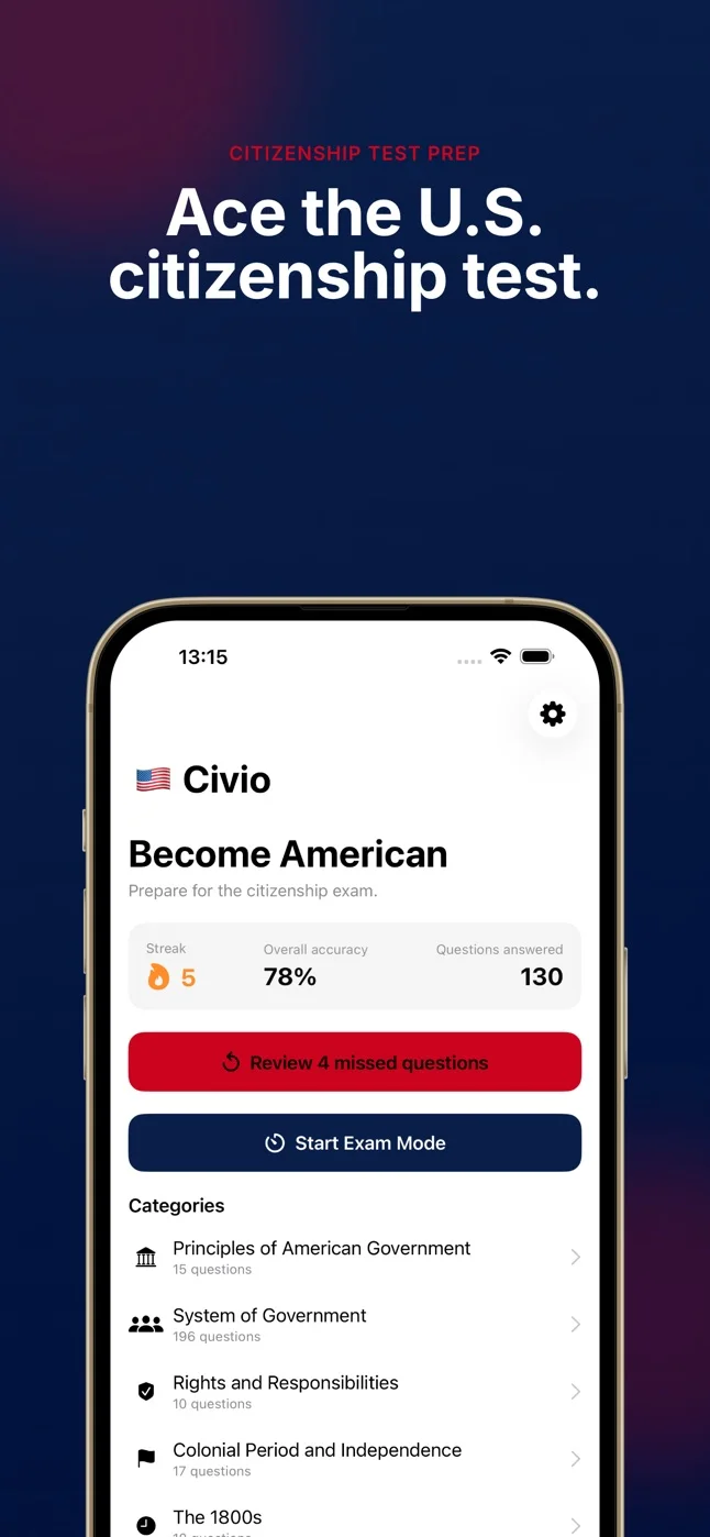 Ecranul principal Civio: Become American pe iPhone